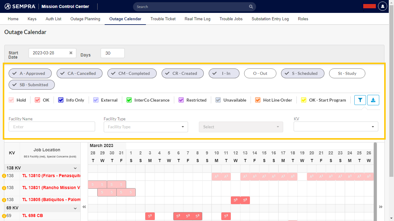 Outage Calendar Filter