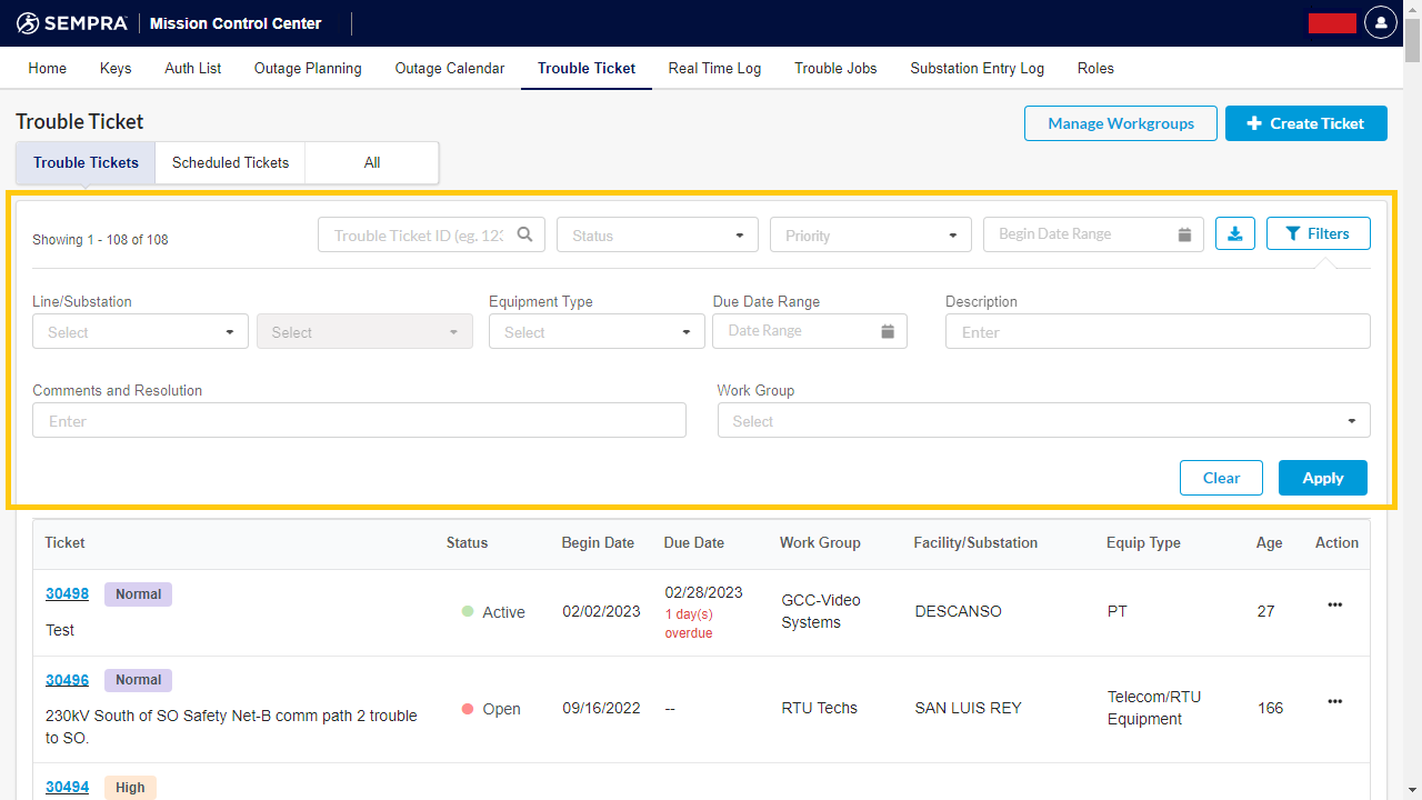 Trouble Ticket Filter